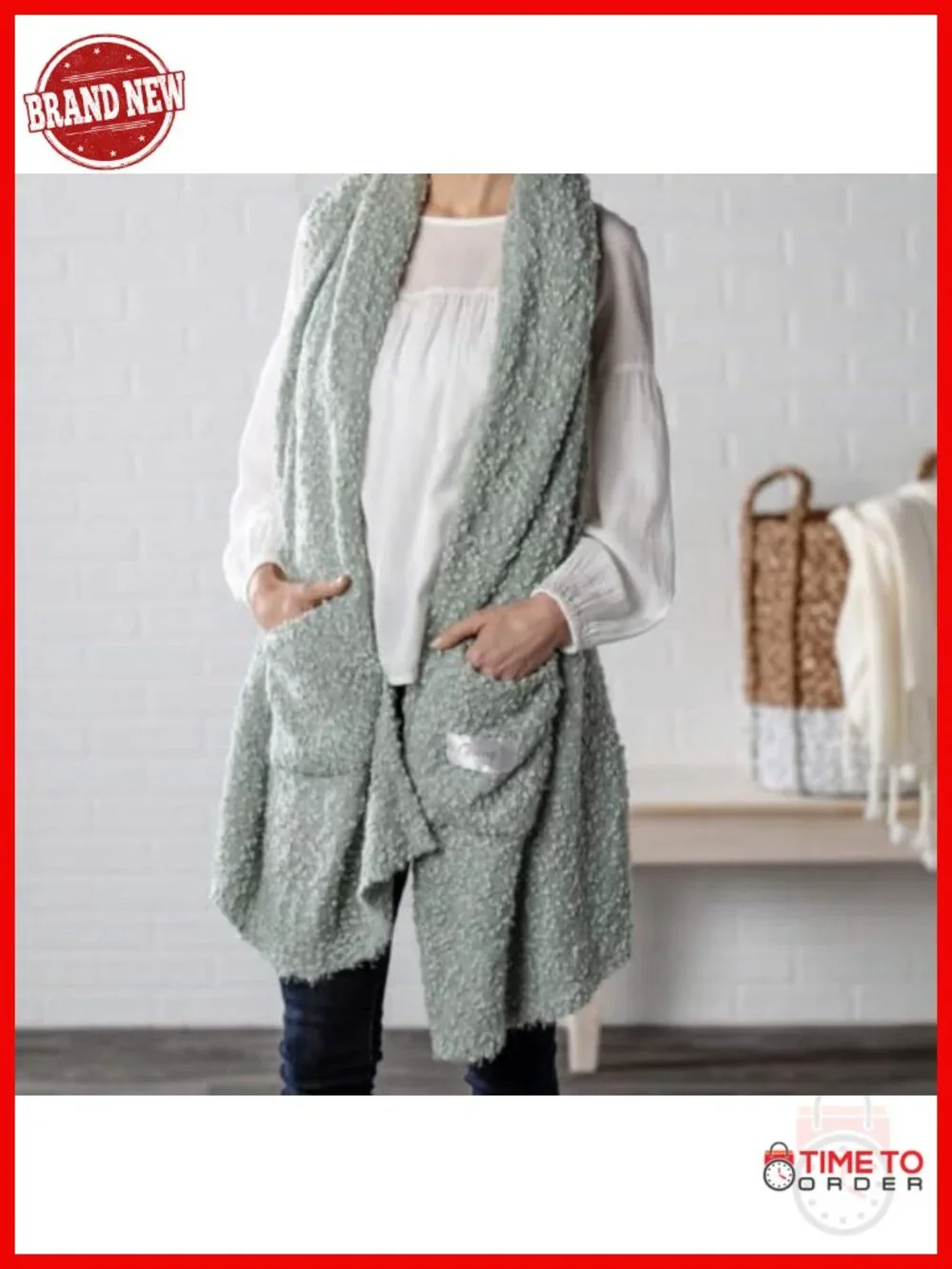 Soft Knit Blanket-Style Shawl with Pockets - Cozy Wrap for Women - Machine